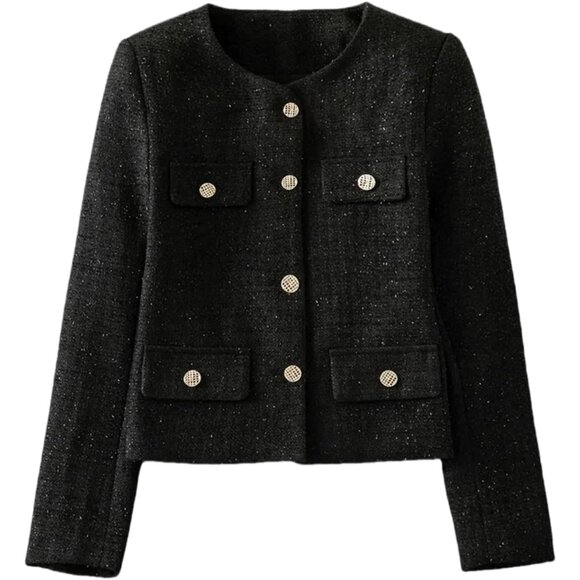 Women Black Floral Tweed Jacket Long Sleeve Round Neck Business Casual Top - Picture 2 of 5